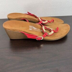 Vionic Orchid Red Leather Wedge Sandals Thong Gold Hardware 380ORCHID 9.5